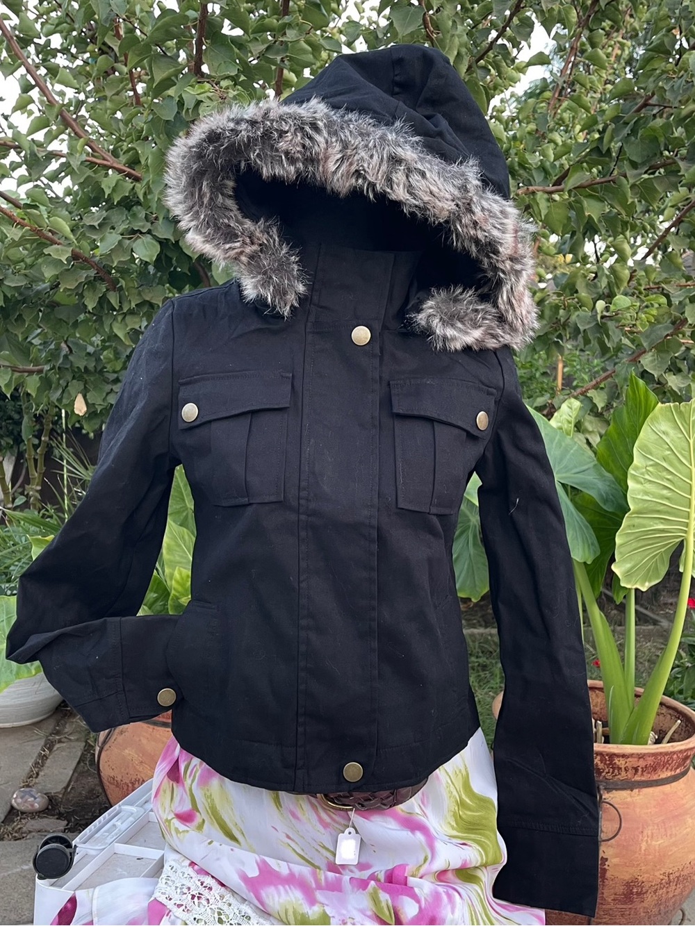 Stella Star Black Jacket with Removable Faux Fur Trim Hood - Size Medium